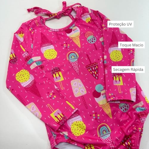 Roupa De Banho Praia Natação Maiô Forrado Infantil Menina (BR, Numérico, 10, Padrão, Sorvetes Pink)