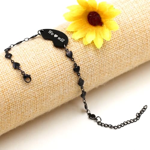 Image of 3pc Puzzle Heart Pieces Bracelets for Women Adjustable Stainless Steel Black Heart Link Bracelet for Sisters Friend Family Friendship Gifts YA4838