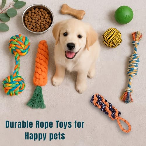 Image of Dog Rope Toys for Large & Medium Aggressive Chewers | Heavy-Duty Indestructible Natural Cotton Tug & Chew Rope Toys with Easy-Hold Handle | Durable Dog Chew Toys | Set of 5