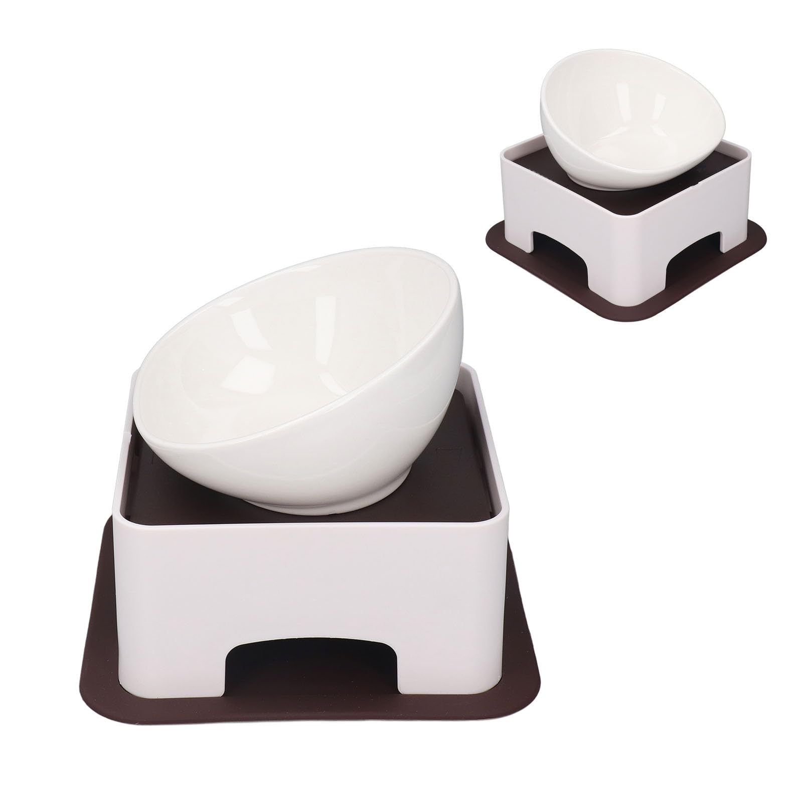 Rengue Bol en Céramique Bulldog, Mangeoire Inclinée Surélevée avec Tapis en Caoutchouc Antidérapant pour Chiens à Face Plate, Chats, Carlins, Bouledogues Français (White)