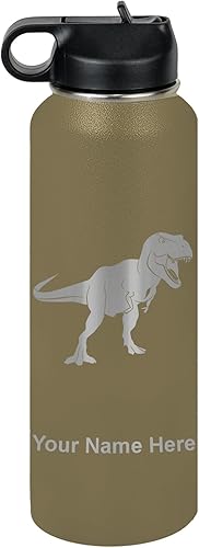 Vista 296 de LaserGram Botella de agua personalizada, dinosaurio tiranosaurio Rex, acero inoxidable de doble pared aislada al vacío con popote superior, regalo