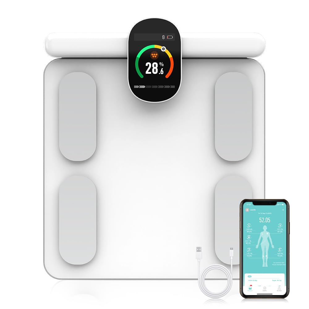 Pèse Personne Balance Connectée Impédancemètre Avec 8 Électrodes 29 Données Corporelle Affichage LCD Recharge USB C Avec APP pour Andriod et iOS, Max. 180kg/400lb/28st, 30 * 30CM
