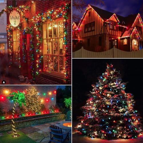 Image of C9 Multicolor Christmas Lights Outdoor, 25Ft Vintage Christmas String Lights with 26 Colorful Ceramic Bulbs, Hanging Patio Lights for Outdoor Roofline Christmas Tree Garden Pathway Decor, Green Wire