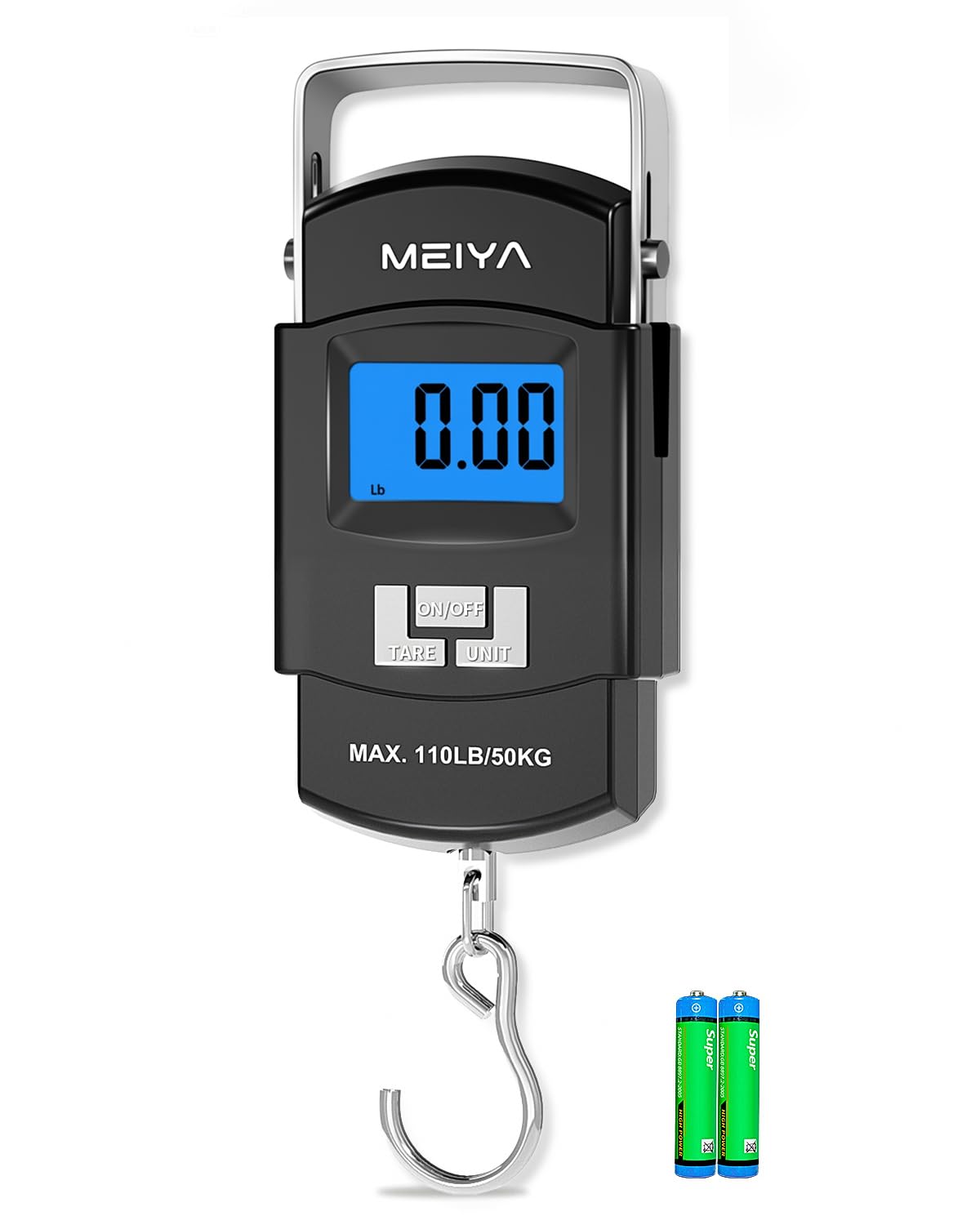 MEIYA Balance de poisson portable de 50 kg, balance numérique à suspendre avec crochet, cadeau de pêche pour homme, outil de pesage pour valises et poissons, comprend 2 piles AAA, écran LCD