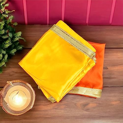Image of Pooja Cloth for Mandir | Pooja Aasan Cloth for Mandir | Chowki Mat for Puja Table & Home Temple | Decorative Yellow & Orange Puja Kapda (1 Meter)