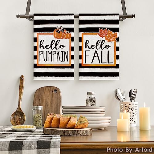 Artoid Mode Stripes Hello Pumpkin Fall Kitchen Towels Dish Towels, 18 X 26 Inch Fall Autumn Harvest Halloween Holiday Ultra Absorbent Drying Cloth Tea Towels For Cooking Baking Set Of 2 #TOP1