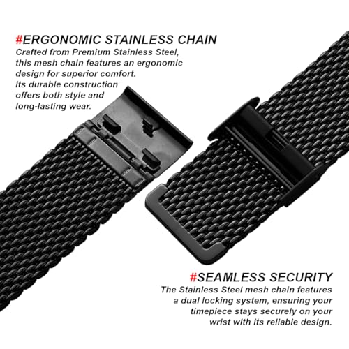 Image of DBLACK ''BONEZ'' Mesh Chain Stainless Steel Watch Belt, Ergonomic & Breathable Design Watch Strap / / For 08mm, 10mm, 12mm, 14mm, 16mm, 18mm, 20mm, or 22mm Watch Band (Black, Choose Your Size)