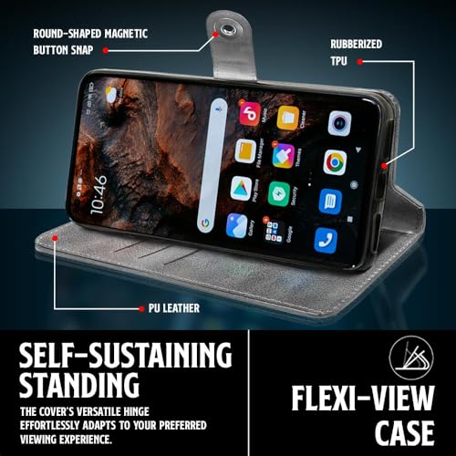 Image of WOW IMAGINE Shock Proof Flip Cover Back Case for Mi Redmi Note 8 Pro (Magnetic Button Flip Case | Wallet Pockets & Stand | Leather Finish | Stone Grey)