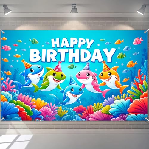 Image of HOMETITUTE Happy Birthday Banner Under The Sea Backdrop 96x72 Inch Ocean Theme Party Decrations Background Decoration with Sharks for Kids Photo Booth Celebration for Girls or Boys