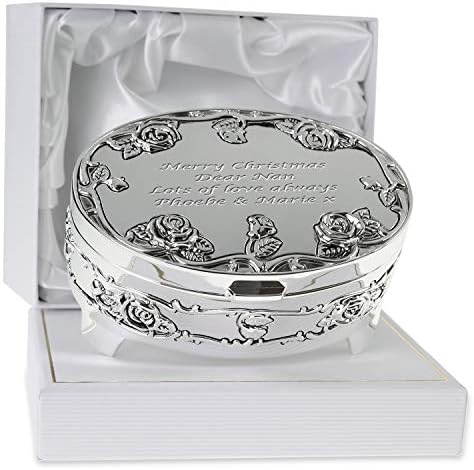 De Walden Nan Gift Engraved Silver Plated Rose Trinket Box in a Presentation Box Birthday Christmas Xmas Gifts