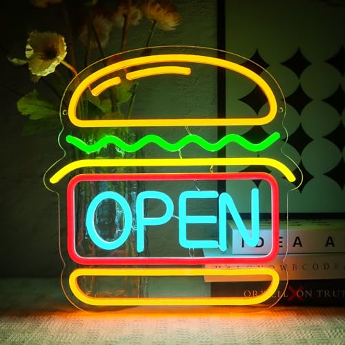 OYCGZV Panneau Néon Ouvert - Panneau Néon Hamburger pour Décoration Murale Panneau Néon Ouvert...