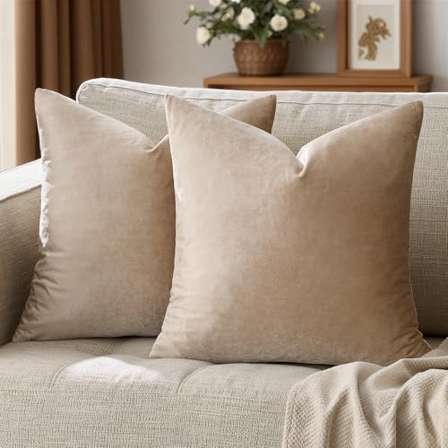 Image of GIGIZAZA Decorative Throw Pillow Covers 16x16,Khaki Square Couch Pillow Covers,Velvet Sofa Boho Cushion Pillows