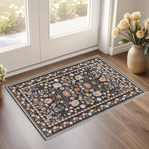 UERMEI Door Mat Entrance Rug: 2x3 Washable Area Rug Boho Floral Small Rug - Non-Slip Low Pile Throw Indoor Carpet for Entryway Kitchen Front Door Bathroom Entry Kids Room - Black Grey