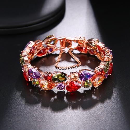 Bangle Bracelets for Women,Created Garnet Amethyst Peridot Morganite Gemstone Necklace Earrings Ring Bracelets Rose Gold Plated,Jewelry Sets Mother's Day Gifts2