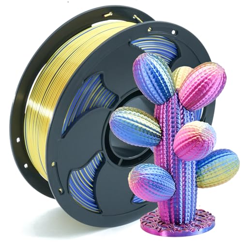 1.75mm PLA Filament Silk Tri Color Gold Blue Fuchsia, Coextrusion 3D Printer Filament with Shiny Silk Rainbow, 1kg (2.2lbs) Spool Neatly Wound Smooth Color Transition 3D Printing Rods