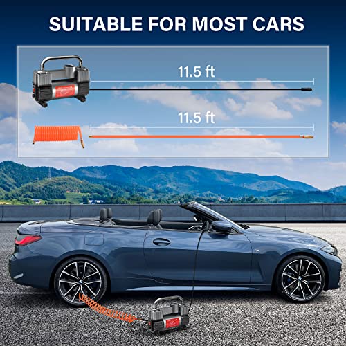 GSPSCN Tire Inflator Heavy Duty Double Cylinders, Portable Metal DC 12V Air Compressor - Car Accessories, 150PSI Tire Pump with Adapter for Car, Truck, SUV Tires, Dinghy, Air Bed etc (Titanium)