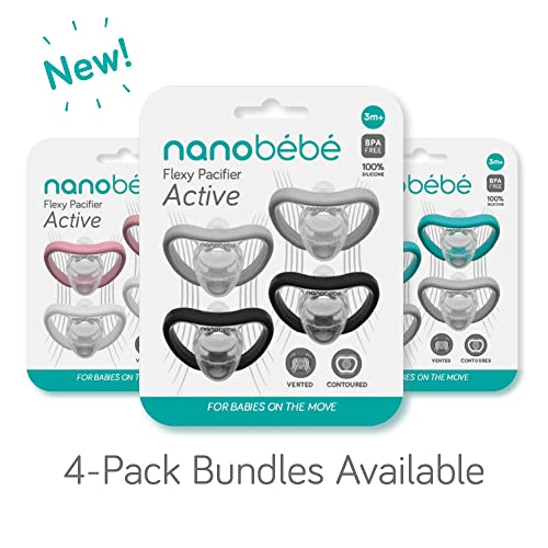 Nanobebe Active Baby Pacifiers 4-36 Months - Orthodontic, Lightweight And Vented, Curves Comfortably With Face Contour, 100% Silicone - Bpa Free, Perfect Baby Registry Gift 4Pk, Black/Grey #TOP4