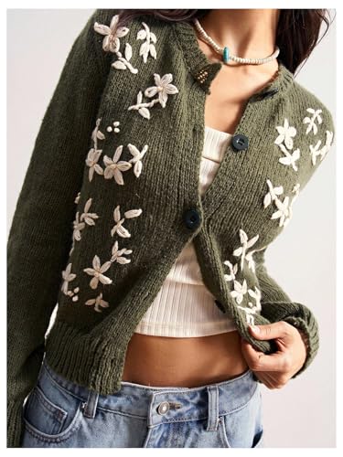 OYOANGLE Women's 3D Floral Button Down Cardigan Sweater Long Sleeve Crew Neck Knitted Sweaters4