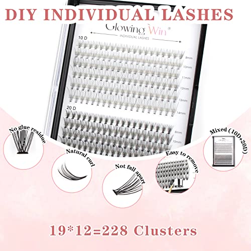 Glowingwin Individual Lashes Cluster Lashes Natural Look False Lashes Individual Eyelashes D Curl 228 PCS DIY Eyelash Extensions At Home(10D+20D Mixed 0.07D Curl 8-14mm) - Image 2
