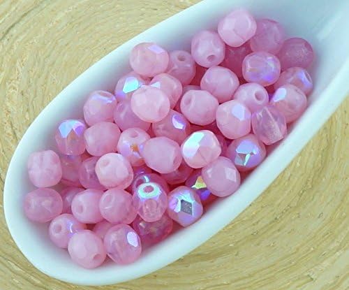100pcs Silky Valentine Pink Rose Opal Ab Half Round Faceted Fire Polished Small Spacer Czech Glass Beads 4mm
