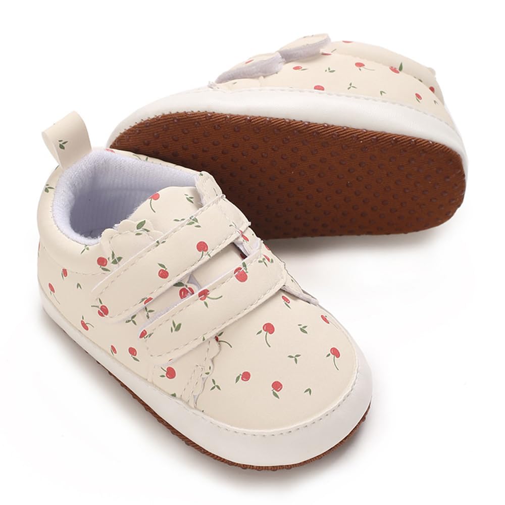 eitwo 2Pairs Baby Shoes,Boys Girls Non-Slip Rubber Sole Sneakers,Unisex Infant Soft Lightweight First Walking Crib Shoes (1Pairs_White with Cherry,3-6Months)