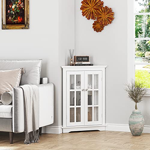 Spirich Home Bathroom Corner Storage Cabinet, Floor Display Storage Cabinet With Windowpane Glass Doors And Adjustable Shelves For Bathroom, Kitchen, Living Room Or Bedroom, White #TOP2