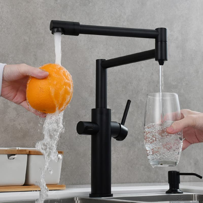 SOKNARKUDual-Purpose Solid Brass Deck Mounted Double Outlet Folding Faucet Hot and Cold Water Mixing Double Switch Foldable Kitchen Sink Faucet Matte Black High Style