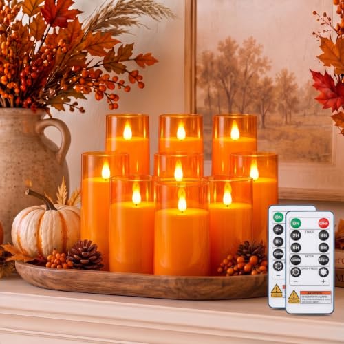 Image of Homemory Halloween Orange Flameless Candles, Acrylic, Remote Timer, 9 Pack | Flameless LED pillar candles, battery operated candles, remote timer, Halloween candles, fall decor, harvest, party decor