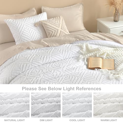 Image of Litanika Oversized Queen Comforter White, 3 Pieces Tufted Boho Farmhouse Bedding Comforter Set, Lightweight Fluffy All Season Comforter Set (98x98In Comforter & 2 Pillowcases)