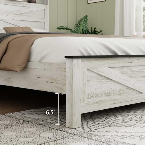 Image of Farmhouse Queen Size Wooden Bed Frame with Headboard, Rustic Wood Bedframe with LED Lights and Charging Station, Easy Assembly, No Box Spring Needed (Queen, White)