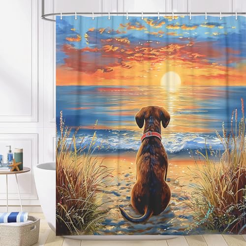 Image of Funny Dog Shower Curtain, Hilarious Dog on Sunset Sunrise Beach Seascape Art Shower Curtain Set, Nautical Ocean Bath Accessories Coastal Seaside Bathroom Decor with 12PCS Hooks, 70X70IN