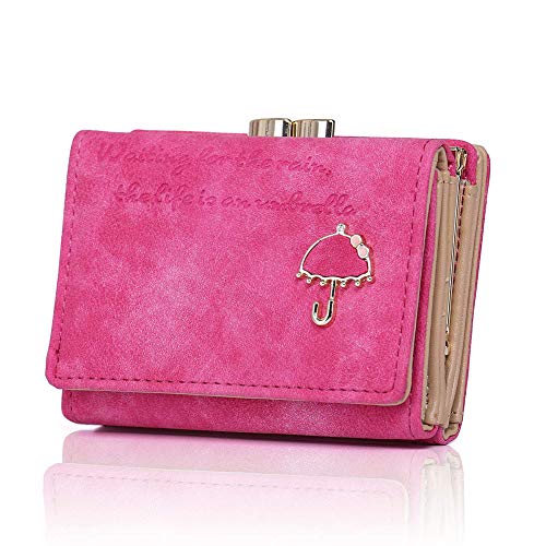 Preisvergleich Produktbild Geldbörse Damen Leder Schlanke Münzbörsen Kartenhalter Mädchen Reißverschluss Münze Portemonnaie mit Schlüsselkette (Pink)