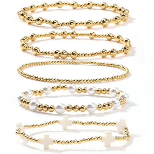 Dainty 14K Gold Beaded Cross Bracelet Stack for Women Bohemian Stretch Pearl Gold Plated Ball Beads Non Tarnish Stackable Bracelets Set Fashion Prom Holiday Accessories Jewelry Gift Friendship