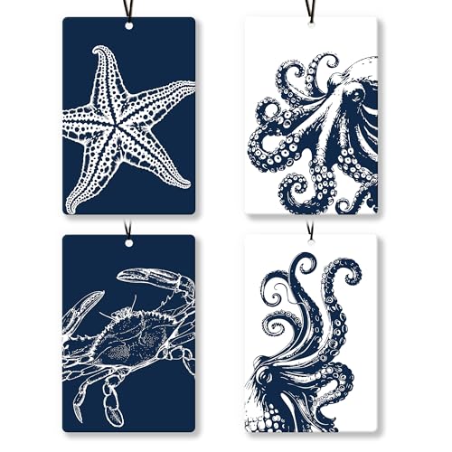 Image of Coastal Beach Car Air Freshener 4Pcs, Navy Blue Starfish Octopus Crab Beach Air Freshener for Car Interior Closet Drawer Books, Ocean Coastal Beachy Car Mirror Decor Hanging