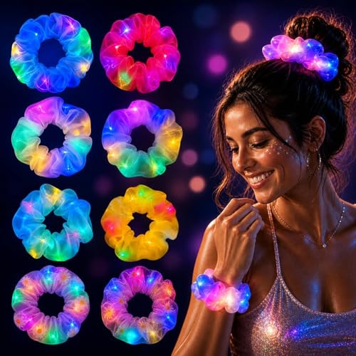 MiraWish 8 PCS Light Up Hair Scrunchies for Girls Women Dreamy LED Glow Hair Ties 3 Light Modes 8 Hour Bright Glow Party Accessories for Birthday Festival Rave Concert