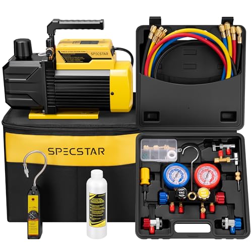 Image of SPECSTAR 1 /3 HP 4.5 CFM 1-Stage HVAC Vacuum Pump and 4 Way AC Manifold Gauge Set with Leak Detector 5ft Hoses & Accessories for R134a R12 R22 R502 R410a Auto Air Conditioning Refrigeration Recharging