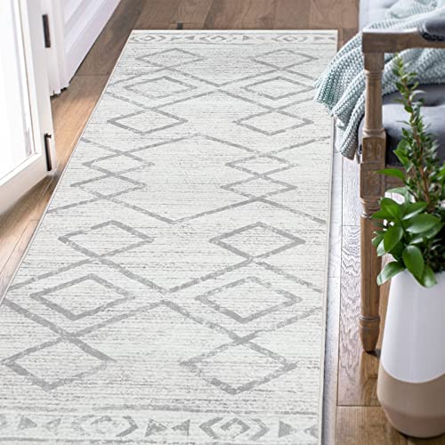 TOPICK Runner Rug 60x210cm Hallway Runner Grey Soft Short Pile Rug Indoor Mat Geometric Print Lightweight Carpet Non Slip for Bedroom Kitchen Dining Room Living Room