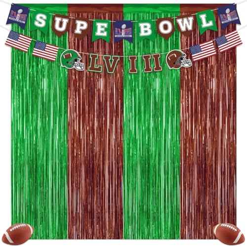 Image of 2 Pack Football Party Decorations, 3.28 FT x 6.58FT Tinsel Backdrop, Green Brown Foil Fringe Curtains Metallic Party Streamer, Football Party Supplies Game Day Decorations 2026 Birthday Party Supplies