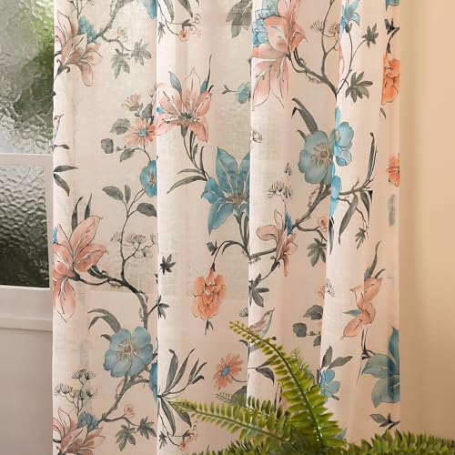 Image of Story@Home Long Door Curtains 9 Feet Long Set of 2 | Floral Print | Semi Transparent Curtain | Net Curtains | Sheer Curtain for Living Room | (118 x 275 cm, Cream & Blue) | Perfect for Home Decor