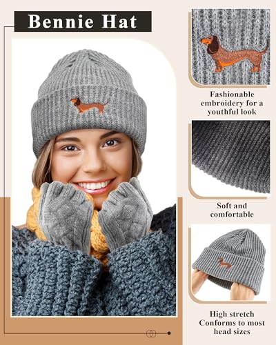 Geyoga Dackel Motiv Geschenke für Frauen Mütze Handschuh Sets Warme Strickmütze Winter Beanie Mütze Strickhandschuhe Fleecehandschuhe Geschenk für Hundebesitzer(Grau,Dackel)