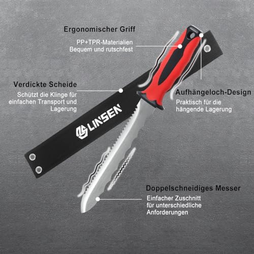 PAXLINSEN Dämmstoffmesser, 200mm Dämmstoffmesser mit Zweischneidiger Klinge aus Edelstahl, Gezacktes Dämmstoffmesser mit Zweischneidiger Klinge, Isoliermesser mit Rutschfestem Griff, Rot