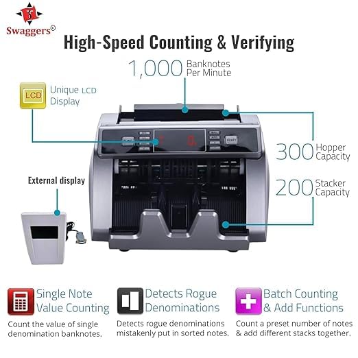 Image of swaggers Heavy Duty Cash Counting Machine with MG, UV, IR Fake Note Detection Updated for All New and Old Indian Notes 10,20,50,100,200,500,2000 (Swaggers1909)