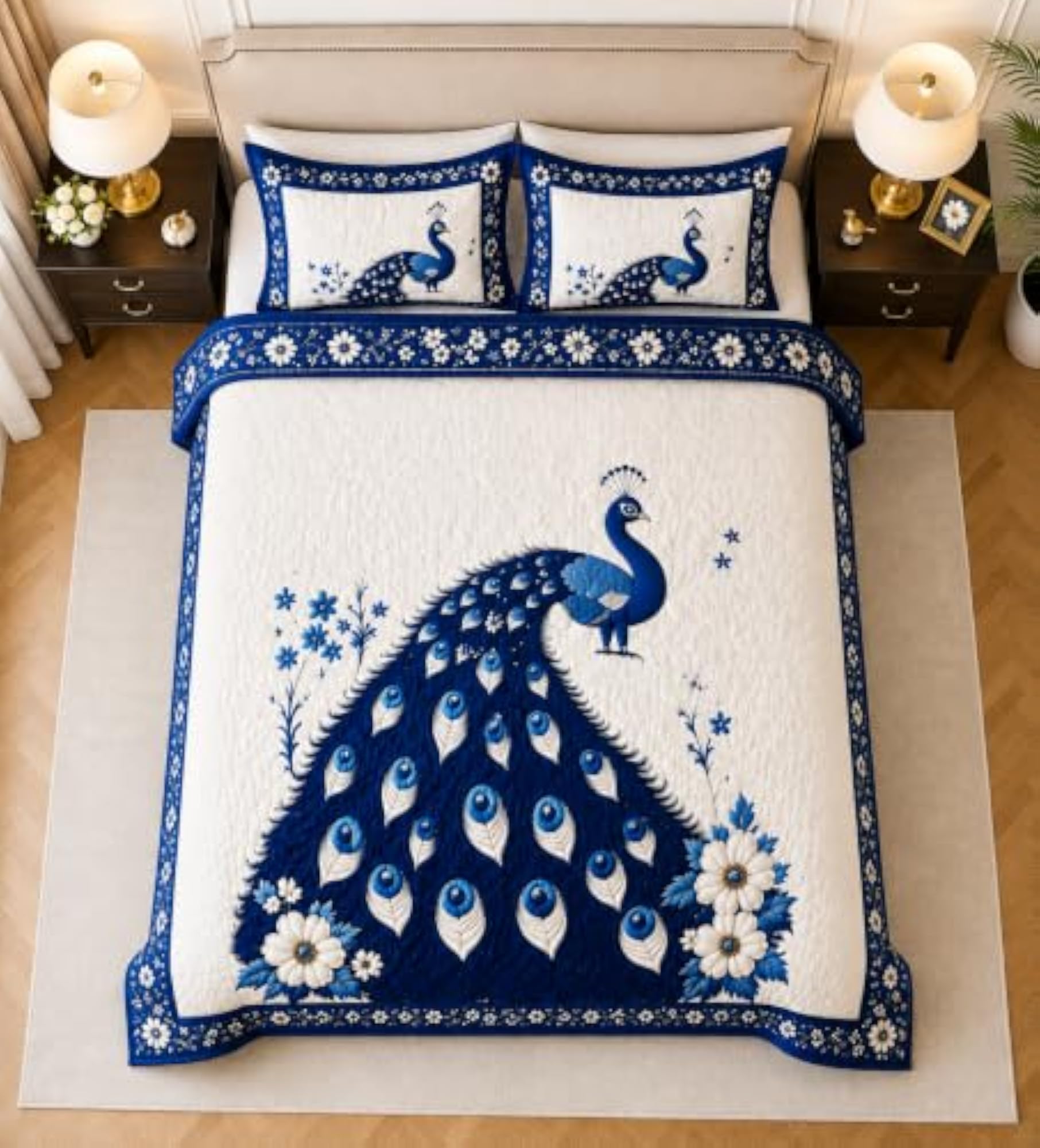 Royal Blue Peacock Floral Bedsheet with Pillow Cover