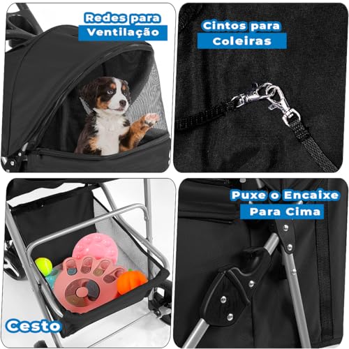 CARRINHO DE PASSEIO TRANSPORTE PET CÃS E GATOS PARA VIAGEM, DOBRÁVEL (Preto)