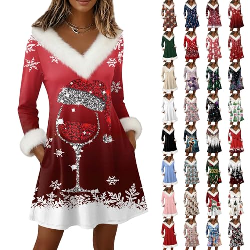 DHYUEN Weihnachtskleid Damen Plüsch V-Ausschnitt Langarm Weihnachtskleider Partykleid Mit Taschen Weihnachtsmotiv Pulloverkleider Weihnachten Kleid...