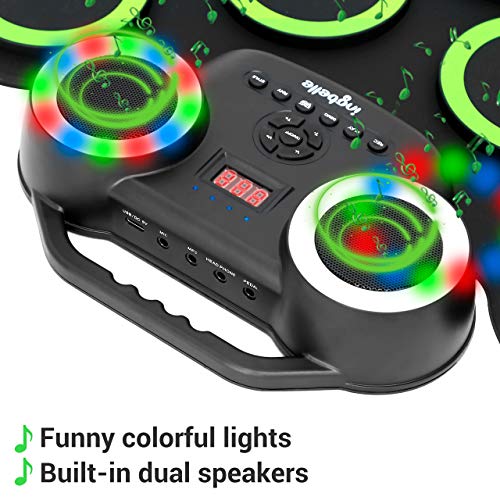 Electronic Drum Kit 9 Pads Roll-up Practice Drum Set for 8h Playing With Built-in Speaker, Headphone, USB MIDI Jack for Kids, Teens, and Adults Beginner, Best Birthday Gift