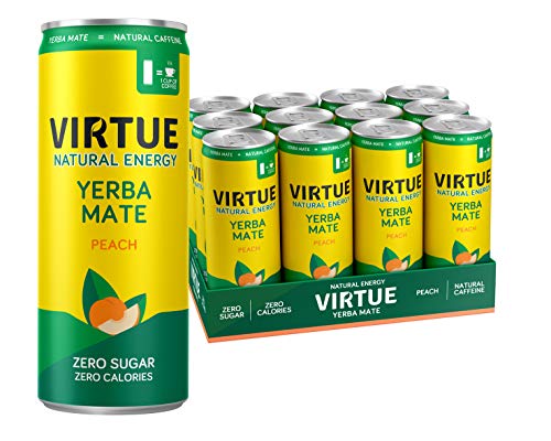 VIRTUE Yerba Mate - Natural Energy Drink - Zero Sugar, Zero Calories (Peach, 12 Pack)