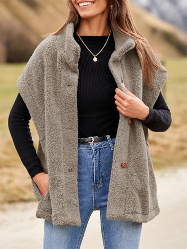 Tanakneo Womens Oversized Fleece Vest Sleeveless Fuzzy Sherpa Jacket Trendy Casual Button Down Warm Vests Outerwear2