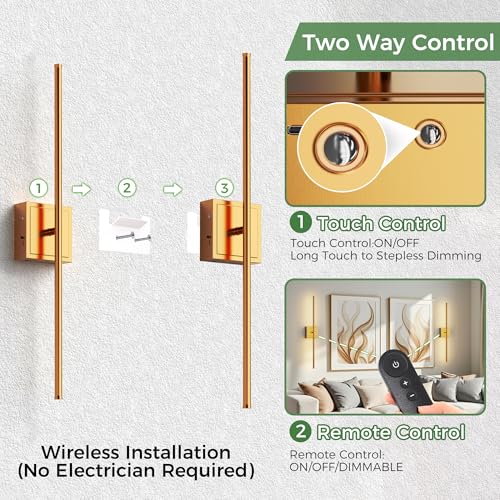 Image of DORESshop Battery Operated Wall Sconces Set of 2, Dimmable Battery Wall Sconce with Remote Control, Brass 350Rotate Rechargeable Sconces, 28.1 Inch Wireless Wall Lights for Bedroom, Living Room