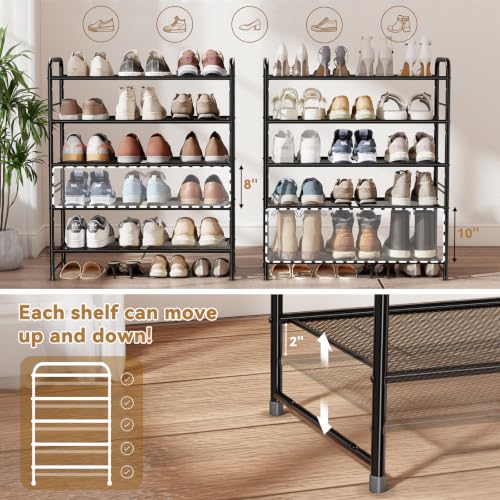 Image of MWQShoe Rack, 5 Tier 27 inch Wide Metal Mesh Shoe Organizer for Closet Holds up to 15-18 Pairs, Stackable, Black